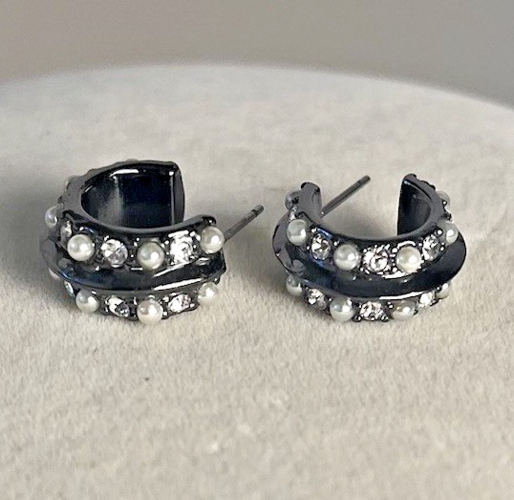Givenchy Huggie Hoop Earrings Faux Pearl Simulated Diamond Gold Tone Pierced